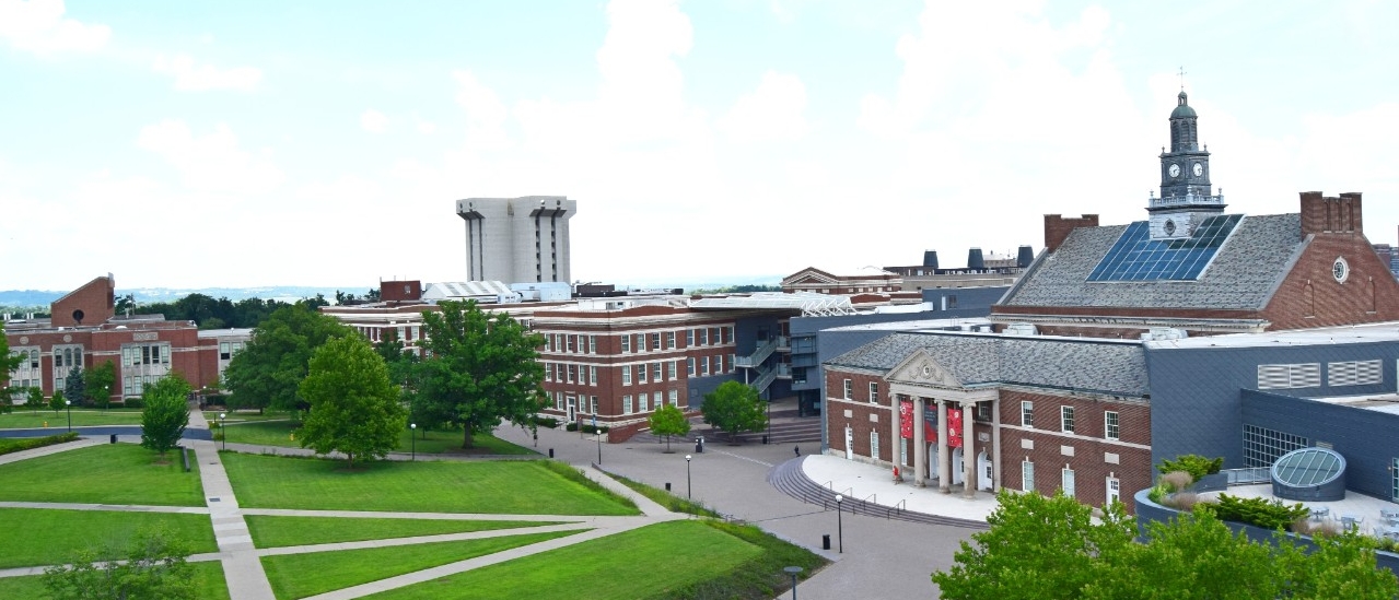 McMicken Commons with Tangeman University Center to the right and Crosley Tower in the background.